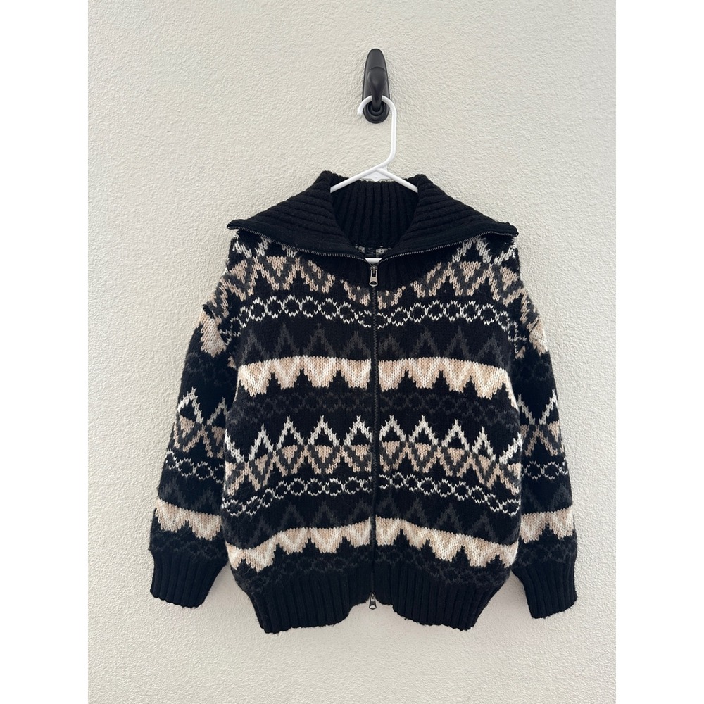 Francescas Black Fair Isle Knit Full Zip Chunky Sweater Cardigan Nordic Cozy S